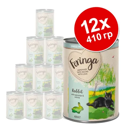 Набор из 12 консервов Feringa Rabbit with parsnips & catnip для взрослых, по 410 г. На упаковке изображён чёрный кот и кролик. Видна надпись: SINGLE MEAT, HOMEMADE TASTE BEGINS WITH LOVE.