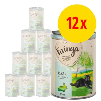 Pack of 12 Feringa adult rabbit with parsnips and catnip tins, each 400g, shown together with a large yellow circle displaying '12x'.