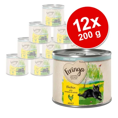 Feringa Chicken with pumpkin & catnip ADULT, balení 12×200 g. Zobrazeny konzervy s obrázkem černé kočky a kuřete na žlutém štítku.