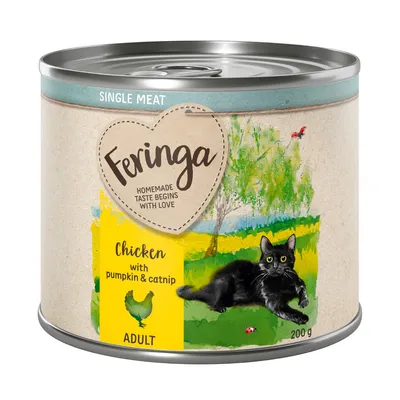 Feringa Single Meat Adult kattenvoer, variant kip met pompoen en kattenkruid, 200 g blik.