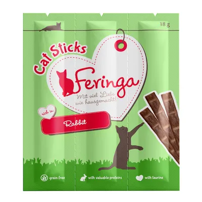 Feringa Cat Sticks Rabbit, pakiranje od 18 g. Tekst: grain-free, with valuable proteins, with taurine. Prikazane tri štapića za mačke na zelenoj ambalaži.