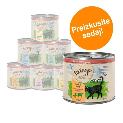 Feringa Classic Meat konzerva za mačke, Duck & Veal with broccoli & dandelion, 200 g. Oranžni krog z besedilom: Preizkusite sedaj! Feringa Classic Meat konzerva za mačke, Duck & Veal with broccoli & dandelion, 200 g. Oranžni krog z besedilom: Preizkusite sedaj!