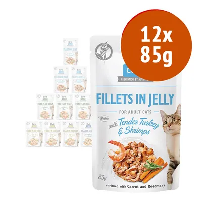 Brit Care Fillets in Jelly per gatti adulti, tacchino e gamberetti, arricchito con carota e rosmarino. Confezione da 12 buste da 85 g ciascuna. Testo visibile solo in inglese.