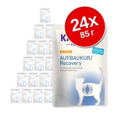 Kattovit Aufbaukur/Recovery mit Huhn, 24×85 г, улучшенная рецептура. Видны надписи: bei Mangelerscheinungen, erhöhter Nährwert.