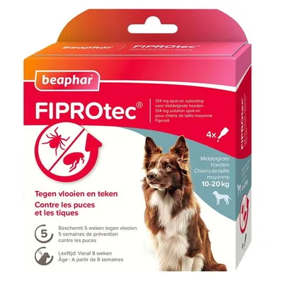 beaphar FIPROtec 134 mg spot-on voor middelgrote honden 10–20 kg, tegen vlooien en teken, beschermt 5 weken, vanaf 8 weken leeftijd, verpakking met hond en pictogrammen