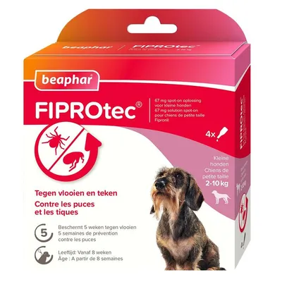beaphar FIPROtec tegen vlooien en teken, 67 mg spot-on voor kleine honden 2–10 kg, 4 pipetten, beschermt 5 weken tegen vlooien, vanaf 8 weken leeftijd. Fipronil.