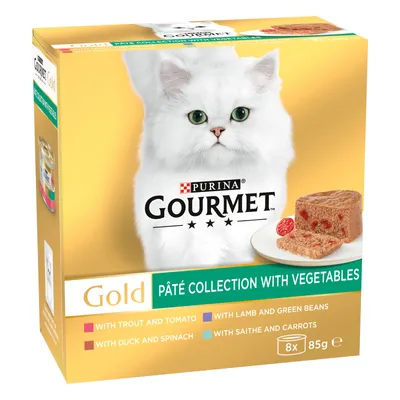 Gold pâté collection with vegetables, 8 x 85g. Includes trout and tomato, lamb and green beans, duck and spinach, saithe and carrots. Product packaging shows food variety.