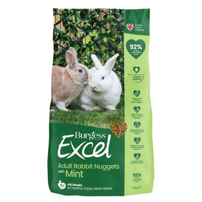 Key benefits: mint, prebiotics, antioxidants, fibre, support for skin and coat, note on hay for dental health. Suitable for adult rabbits from 4 months to 5 years.