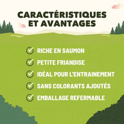 Texte : Caractéristiques et avantages. Riche en saumon, petite friandise, idéal pour l'entraînement, sans colorants ajoutés, emballage refermable.