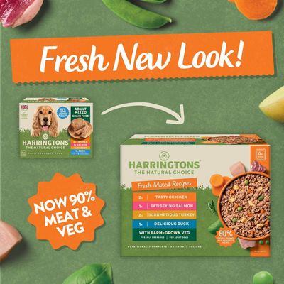 Harringtons pet food packaging update showing new look, now 90% meat and veg. Box includes tasty chicken, satisfying salmon, scrumptious turkey, delicious duck with farm-grown veg.