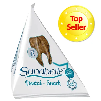 Sanabelle Dental-Snack, emballage triangulaire avec fenêtre en forme de dent, texte visible : 'Grain Free', 'Top Seller' sur un badge jaune.