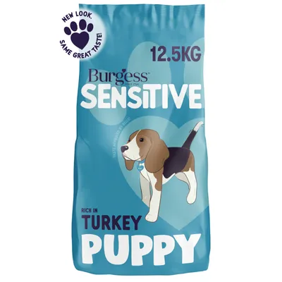 12.5kg bag labelled Sensitive, rich in turkey, puppy food with new look and same great taste highlighted on packaging.