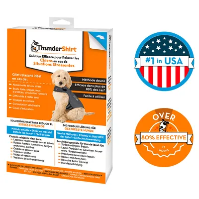 Product packaging showing a pet wearing a calming vest, with text stating it is over 80% effective and #1 in USA. Describes use for stress-related behaviours and easy application.
