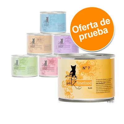 Latas de comida para gatos catz finefood N° 3, 5, 7, 9, 11 y 13 en diferentes colores. Etiqueta naranja: 'Oferta de prueba'.
