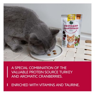 GimCat Pulyka áfonyával. Különleges kombináció értékes fehérjeforrásból, pulykából és aromás áfonyából, vitaminokkal és taurinnal gazdagítva.