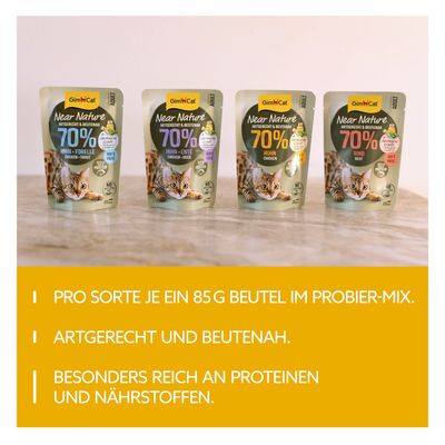 GimCat Near Nature Beute-Mix für Erwachsene Katzen, 12x85g. Sorten: 3x Huhn, 3x Rind, 3x Huhn-Ente, 3x Huhn-Forelle. 70% Huhn, Made in Germany, artgerecht & beutenah, reich an Protein.