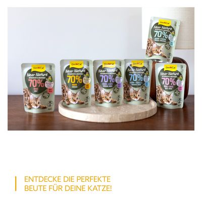 GimCat Near Nature ochutnávkový mix pro dospělé kočky, 6x85g. Druhy: kuře, hovězí, hovězí+kachna, kuře+bažant, kuře+kachna, kuře+pstruh. Přirozené složení, vyrobeno v Německu.