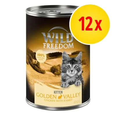 Wild Freedom Kitten Golden Valley Chicken with Rabbit 400 g, 100% grain-free recipe, bild på kattunge. Gul cirkel med röd text: 12x.