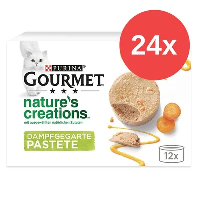 Purina Gourmet nature's creations, Dampfgegarte Pastete, opakowanie 12x. Na obrazku widoczna pasztetowa karma dla kota i marchewki. Czerwone kółko z napisem 24x. Purina Gourmet nature's creations, Dampfgegarte Pastete, opakowanie 12x. Na obrazku widoczna pasztetowa karma dla kota i marchewki. Czerwone kółko z napisem 24x.