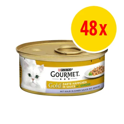 Purina Gourmet Gold Zarte Häppchen in Sauce mit Gemüse, 48x. Kissan märkäruokapurkki, etiketissä valkoinen kissa ja annoskuva. Teksti saksaksi.