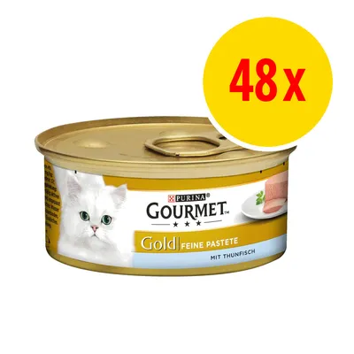 Purina Gourmet Gold Feine Pastete mit Thunfisch, burk med bild på vit katt och paté, gul cirkel med röd text: 48x Purina Gourmet Gold Feine Pastete mit Thunfisch, burk med bild på vit katt och paté, gul cirkel med röd text: 48x