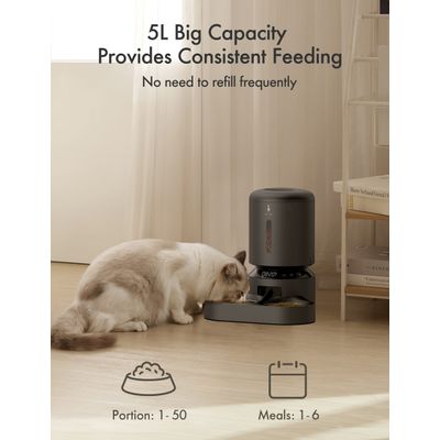 Cat eating from automatic feeder. Visible text: 5L Big Capacity Provides Consistent Feeding, No need to refill frequently, Portion: 1–50, Meals: 1–6.