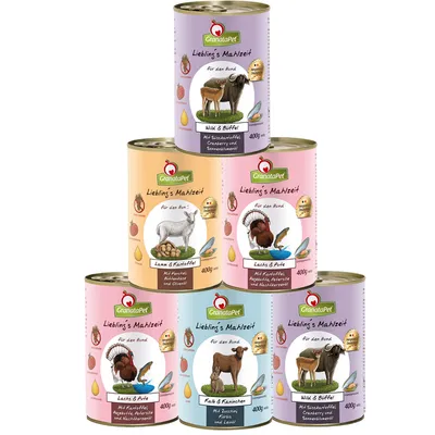 GranataPet Lieblings Mahlzeit konzervy pro psy, příchutě: divočina & buvol, jehně & brambor, losos & krůta, tele & králík. Objem 400 g, viditelné ilustrace zvířat a surovin.
