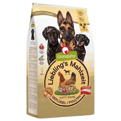 Sacchetto di crocchette GranataPet Liebling's Mahlzeit Puppy/Junior Geflügel, 28% proteine, 16% grassi, immagini di cani cuccioli e pollo, bandiera Austria, testo in tedesco. Sacchetto di crocchette GranataPet Liebling's Mahlzeit Puppy/Junior Geflügel, 28% proteine, 16% grassi, immagini di cani cuccioli e pollo, bandiera Austria, testo in tedesco.