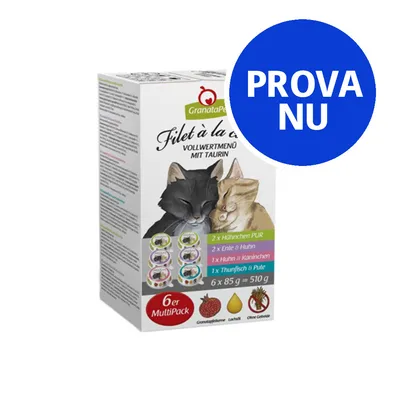 GranataPet Filet à la carte Vollwertmenü mit Taurin, 6er MultiPack kattmat. Smaker: kyckling, anka & kyckling, kyckling & kanin, tonfisk & kalkon. Text: PROVA NU.