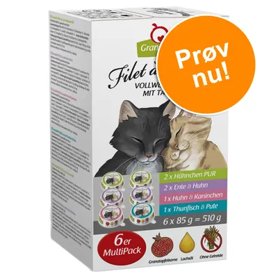 GranataPet Filet à la carte 6er MultiPack kattefoder, 2 x Hähnchen PUR, 2 x Ente & Huhn, 1 x Huhn & Kaninchen, 1 x Thunfisch & Pute, 6 x 85 g = 510 g. Prøv nu!