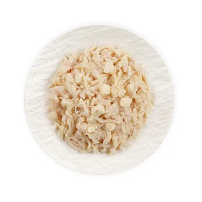 Gros plan de morceaux de poulet cuit sur une assiette blanche. Montre la consistance et la structure du produit.