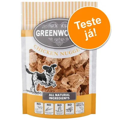 Embalagem de GREENWOODS Chicken Nuggets, ingredientes naturais, sem carne de vaca/porco, glúten de trigo, ovo/laticínios ou soja adicionados. Selo laranja: Teste já!