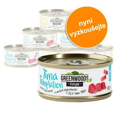 Konzervy Greenwoods Delight Tuna Temptation, nápis 'nyní vyzkoušejte', 75 % tuna filet, limited ingredients, grain-free recipe, více konzerv v pozadí.
