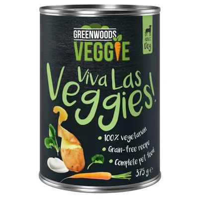 Greenwoods Veggie Viva Las Veggies! 100% vegetáriánus, gabonamentes recept, teljes értékű állateledel, 375g konzerv felnőtt kutyáknak.