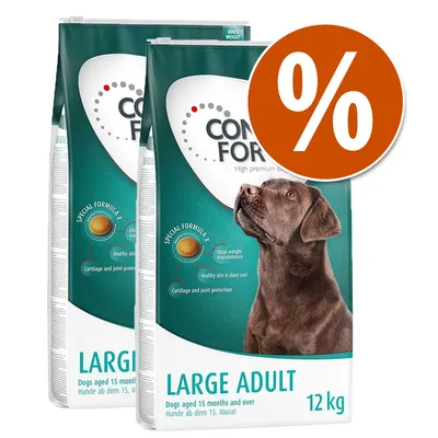 2 sacos de pienso para perros adultos grandes, marca Concept for Life Large Adult, 12 kg cada uno. Texto visible: Special Formula X, Large Adult, Dogs aged 15 months and over. Símbolo de porcentaje.