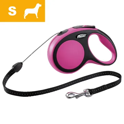 Guinzaglio avvolgibile Flexi rosa e nero, taglia S visibile in alto a sinistra con icona cane, moschettone in metallo e corda nera.