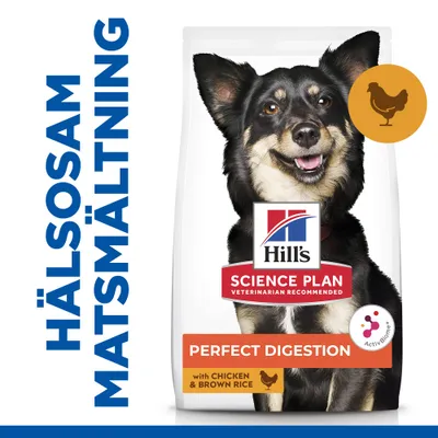 Hill's Science Plan Perfect Digestion hundfoder med kyckling och brunt ris. Text: HÄLSOSAM MATSMÄLTNING, with CHICKEN & BROWN RICE, ActivBiome+. Kycklingsymbol synlig.