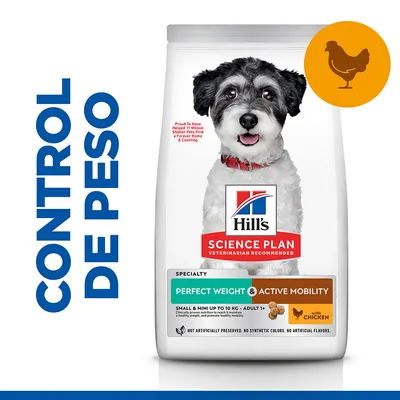 Pienso Hill's Science Plan Perfect Weight & Active Mobility para perros pequeños, con pollo. Texto visible: CONTROL DE PESO. Especialidad: Small & Mini up to 10 kg - Adult 1+.