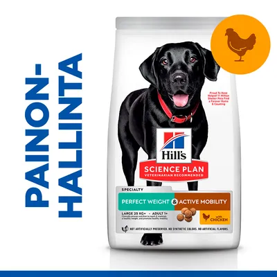 Hill's Science Plan Perfect Weight & Active Mobility -koiranruokapakkaus, painonhallinta, kanaa. Teksti: LARGE 25 kg+, ADULT 1+, ei keinotekoisia värejä tai makuja.