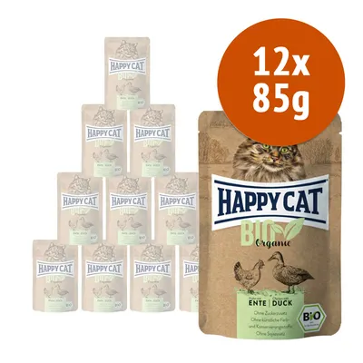 12 confezioni da 85 g di Happy Cat Bio Organic Ente Duck, visibili le scritte: senza zuccheri aggiunti, senza coloranti e conservanti artificiali, senza soia. Marchio BIO.