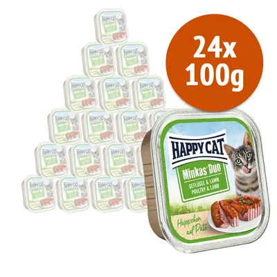 Confezione da 24 vaschette Happy Cat Minkas Duo Geflügel & Lamm, 100 g ciascuna. Immagine della confezione con gatto e carne su piatto visibili sull'etichetta.