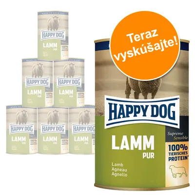 Konzervy Happy Dog Lamm Pur, 100 % tierisches Protein, Supreme Sensible. Text na oranžovom kruhu: Teraz vyskúšajte! Viditeľné slová: Lamb, Agneau, Agnello.