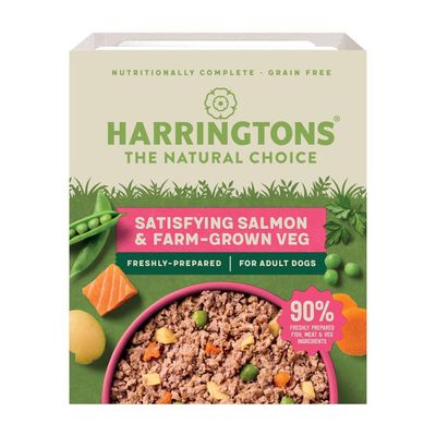 Harringtons Satisfying Salmon & Farm-Grown Veg, grain free, freshly prepared for adult dogs, 90% freshly prepared fish, meat and veg ingredients.
