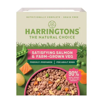 Harringtons Satisfying Salmon & Farm-Grown Veg, grain free, freshly prepared for adult dogs, 90% freshly prepared fish, meat and veg ingredients.