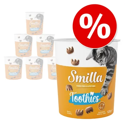 Smilla Toothies, 125g, unterstützt Zahnpflege, Made in Germany. Großes rotes Prozentzeichen für Rabattaktion.