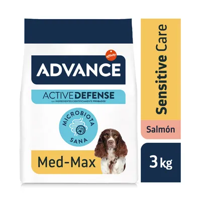 Advance Active Defense Sensitive Care Salmón Med-Max, Microbiota Sana, 3 kg. Texto en inglés y español visible en el envase. Advance Active Defense Sensitive Care Salmón Med-Max, Microbiota Sana, 3 kg. Texto en inglés y español visible en el envase.