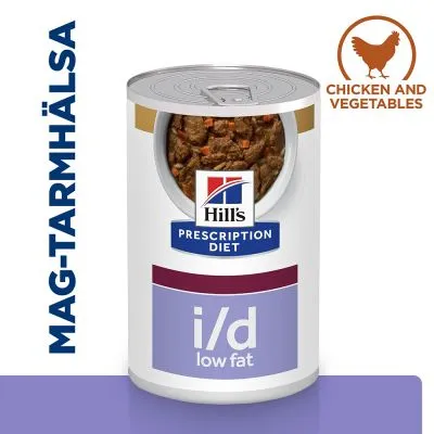 Hill's Prescription Diet i/d low fat våtfoderburk, text: MAG-TARMHÄLSA och CHICKEN AND VEGETABLES. Synligt foder med kött- och grönsaksbitar.