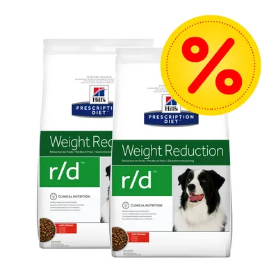 Hill's Prescription Diet r/d Weight Reduction torrfoder för hund, två påsar med bild på hund och rabatt-symbol (%) synlig.