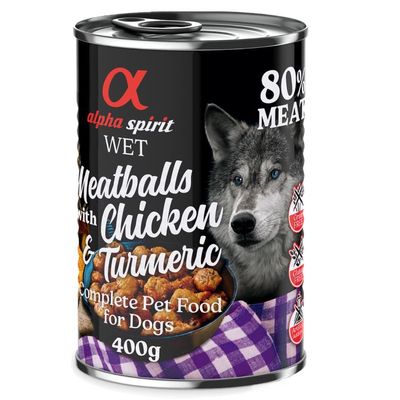 4 + 2 kaupan päälle! 6 x 400 g Alpha Spirit Dog Meatballs kana & kurkuma
