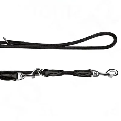Schwarze Hundeleine aus geflochtenem Material mit verstellbarer Schlaufe und Metallkarabinerhaken.